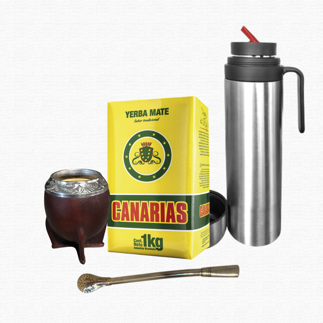 Premium yerba mate starter kit with calabash mate, bombilla, thermos, and Canarias Traditional yerba mate